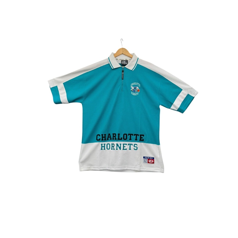 Vintage Charlotte Hornets Rewind Polo XL Teal NBA Basketball Zip Collar Shirt 90